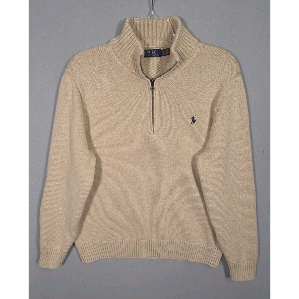 Polo Ralph Lauren 1/4 Zip Sweater Mens XXL  Beige Thick Cotton Knit Mock Neck